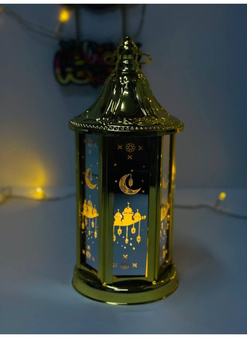 Hexagonal metal Ramadan lantern with printed glass, golden lantern, illuminated with lights and operates on clock batteries. Size: 22 cm - Image 4